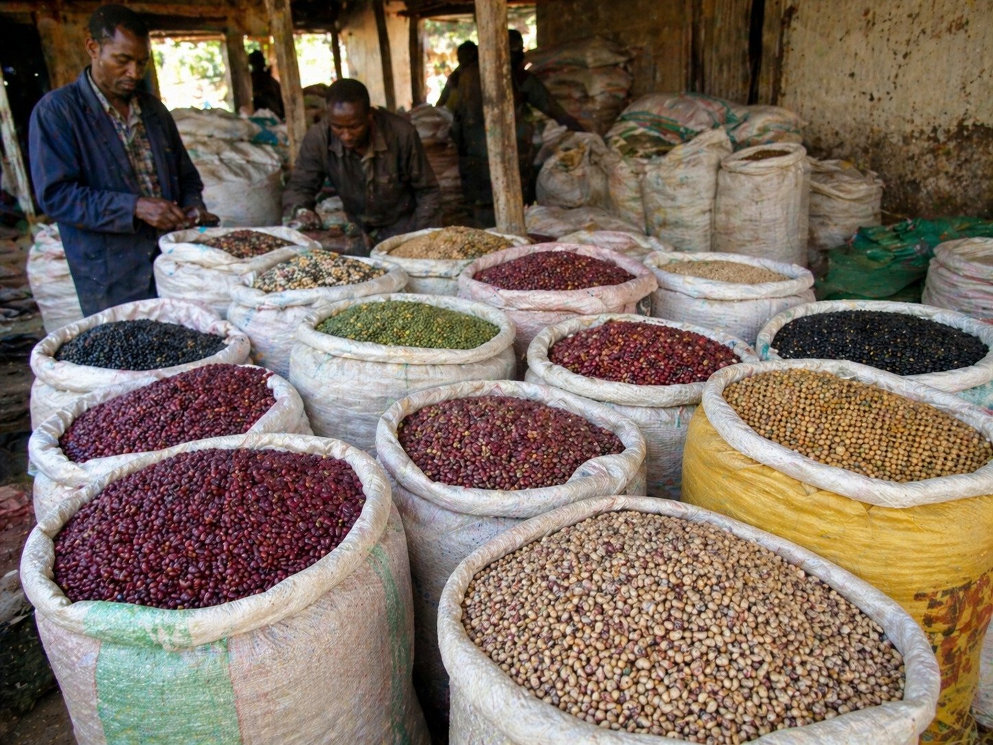 Beans in bulk sacks at an aggregation center